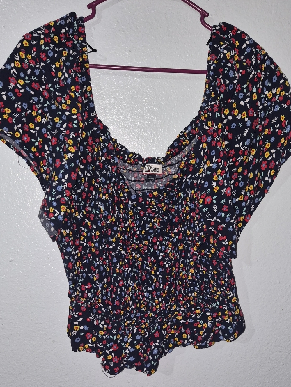 Floral Smocked Off-The-Shoulder Cropped Blouse - Navy With Floral